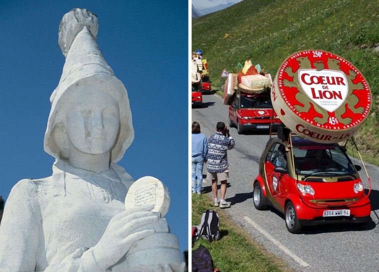 A statue of Marie Harel, born in 1761, invented camembert cheese; cars along the Tour de France route advertise Coeur de Lion camembert cheese in 2002.