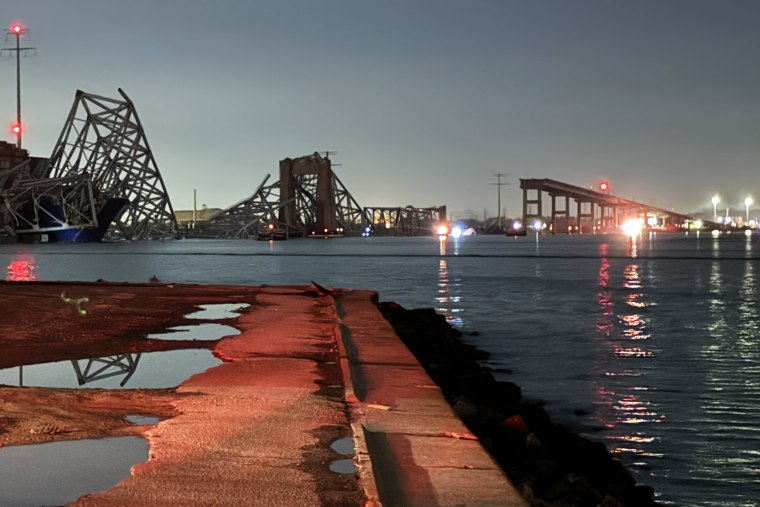 The collapsed Francis Scott Key Bridge in Baltimore, Maryland, on Tuesday morning.