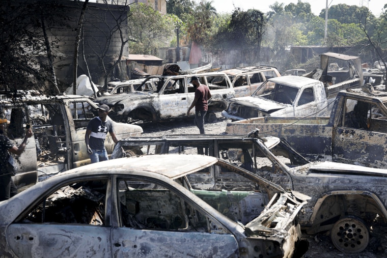 A mechanic shop that was set on fire in Port-au-Prince