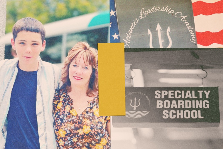 Photo illustration of Cody Fleischman and his mother, Tarah; signs for the Atlantis Leadership Academy in Jamaica.