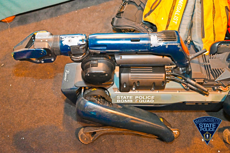 "Roscoe," a four-legged robot used by the Massachusetts State Police bomb squad, was shot three times by a suspect and rendered inoperable.