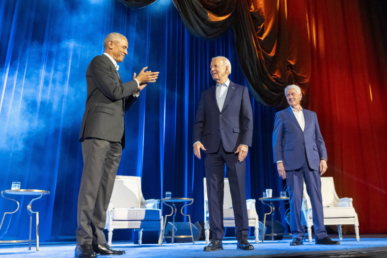 From left, Barack Obama,  Joe Biden, and Bill Clinton at a fundraising event at Radio City Music Hall, in New York
