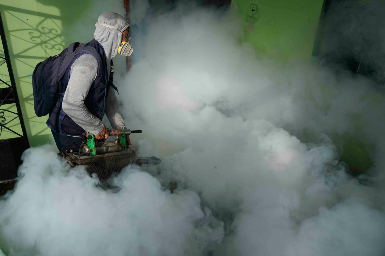 A health worker fumigates for mosquitoes to help mitigate the spread of dengue in the Las Penitas area of Talara, Peru.