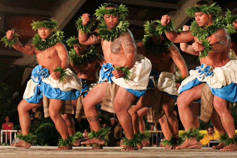 Dancers perform an ancient hula at the annual Merrie Monarch Hula Festiva