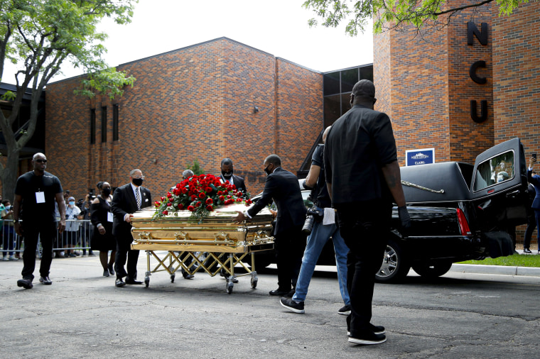 The casket carrying the body of George Floyd at North Central University after a memorial service.