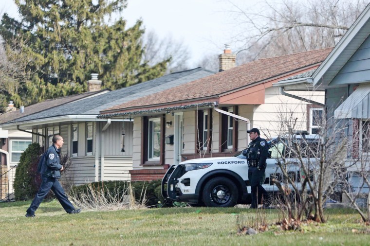 Police near the scene of multiple stabbings on March 28, 2024 in Rockford, Ill.