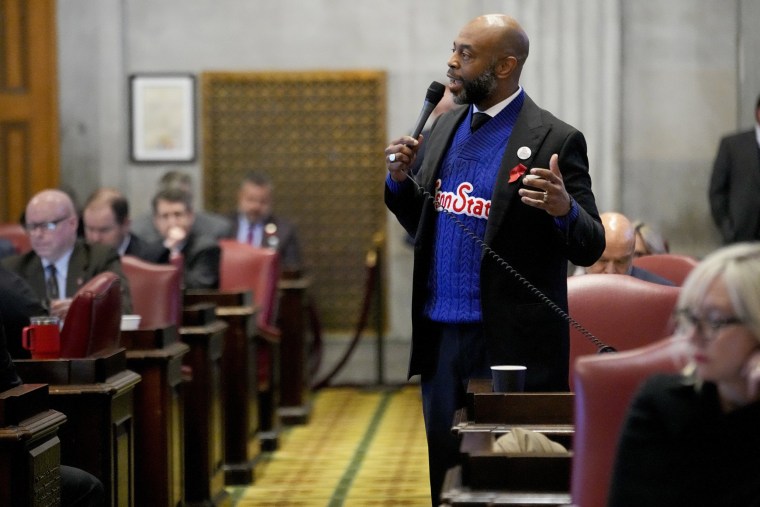 Harold Love, Jr., speaks from the House floor against a bill to vacate the entire Tennessee State University board of trustees, in Nashville, Tenn.