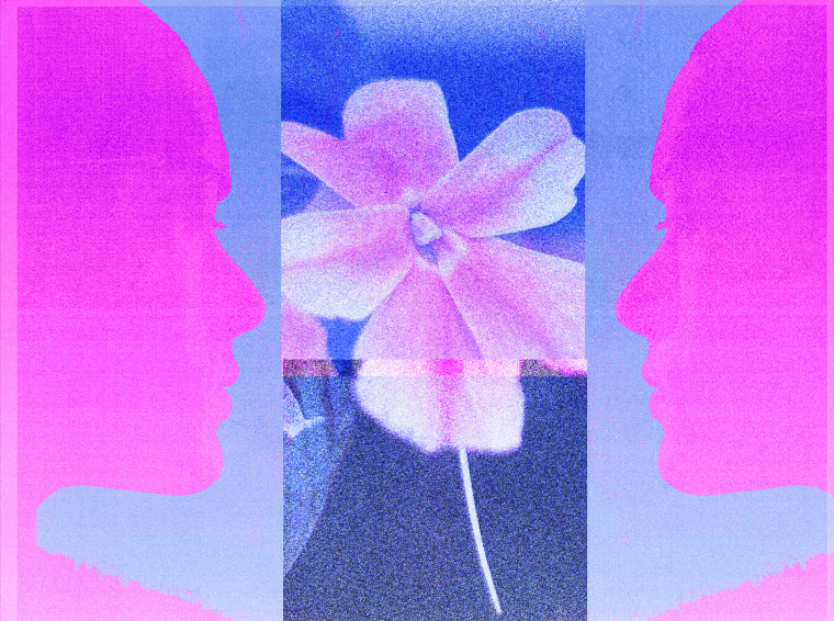 Illustration of two abstract faces on either side of a blooming flower 