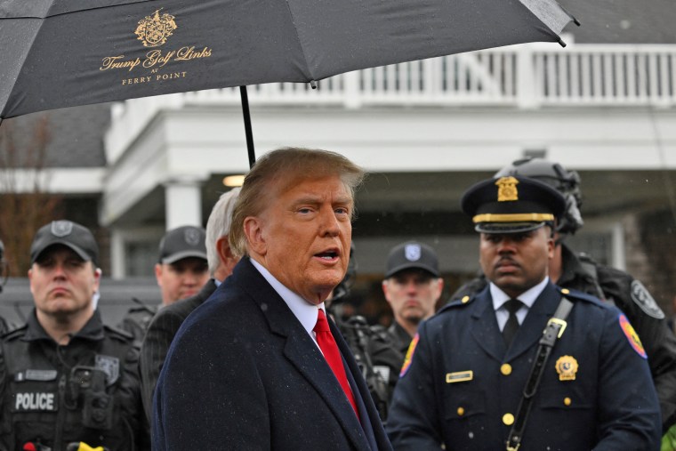 Former President Donald Trump speaks to the press after attending the wake for New York Police Department Officer Jonathan Diller in Massapequa, N.Y., on March 28, 2024. 
