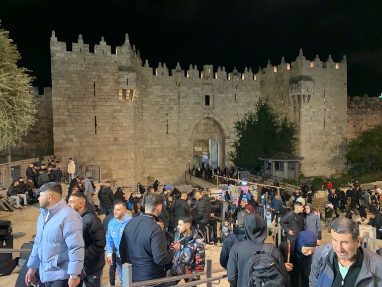 The plaza steps outside Damascus Gate were filled with people after evening and Taraweeh prayers Friday night.