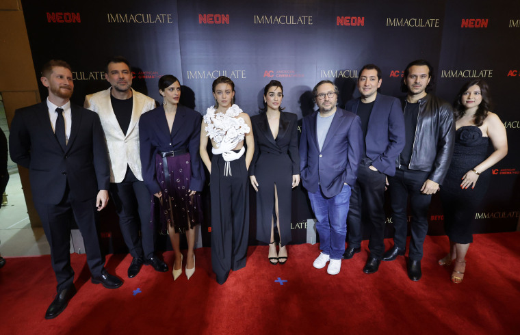 Andrew Lobel, Michael Mohan, Benedetta Porcaroli, Sydney Sweeney, Simona Tabasco, Teddy Schwarzman, Michael Heimler, Jonathan Davino and Gaby Leibowitz are seen at the Beyond Fest Premiere of Neon’s IMMACULATE at The Egyptian Theatre Hollywood on March 15, 2024 in Los Angeles, California. 