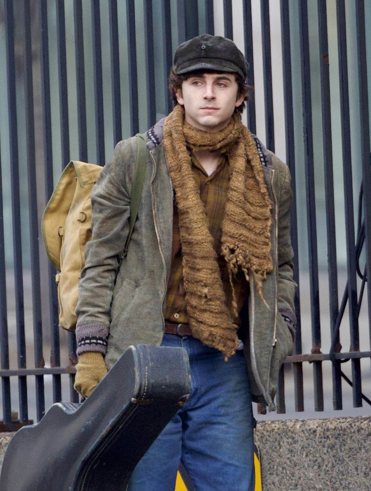 Timothee Chalamet plays Bob Dylan on the set of the movie "A Complete Unknown."