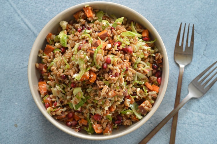 Farro salad with sweet potatoes and Brussels sprouts.