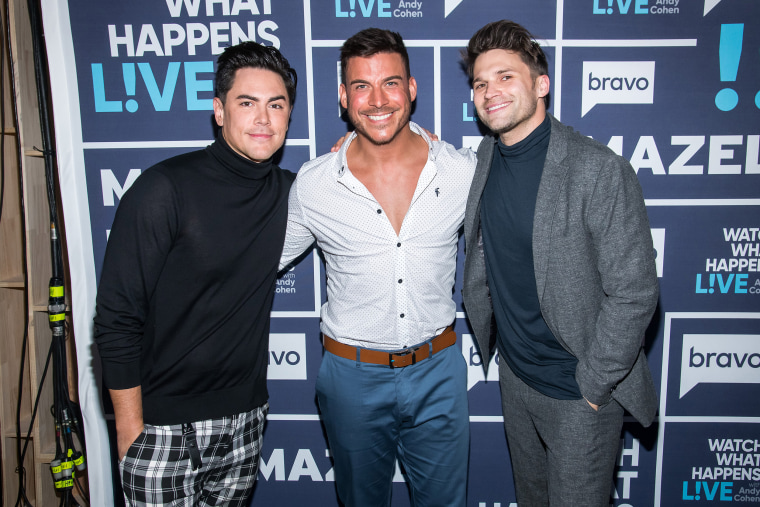 Tom Sandoval, Jax Taylor and Tom Schwart on "Watch What Happens Live With Andy Cohen" in 2019.