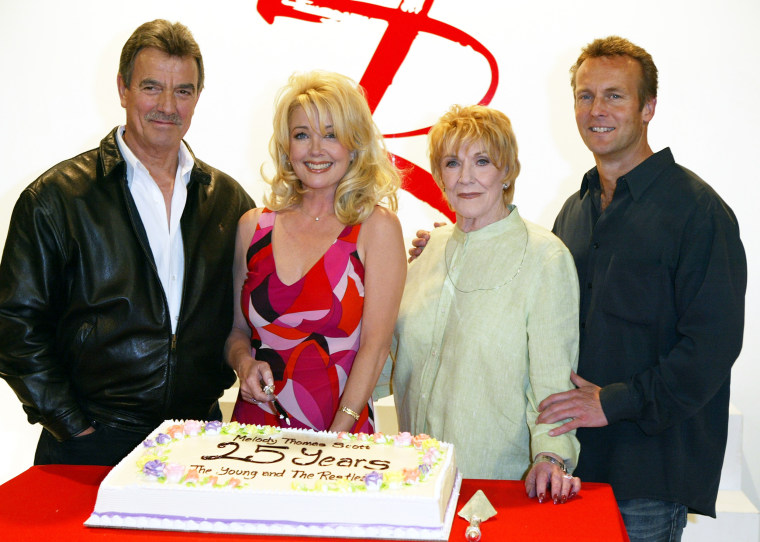 "The Young and the Restless" actress Melody Thomas Scott with cast members (L-R) Eric Braeden, Jeanne Cooper and Doug Davidson