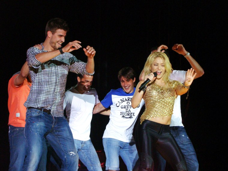 Gerard Pique on stage at Shakira's concert at the Lluis Campanys Olympic Stadium on May 29, 2011 in Barcelona, Spain. 