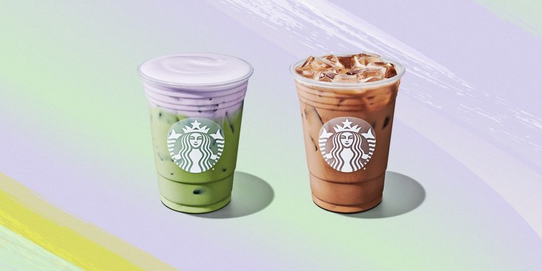 Starbucks’ Iced Lavender Cream Oatmilk Matcha and Iced Lavender Oatmilk Latte.
