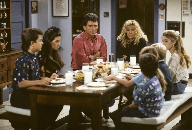 Brandon Call, Angela Watson, Patrick Duffy, Suzanne Somers, Staci Keanan, Christopher Castile, Josh Byrne, and Christine Lakin in "Step by Step."