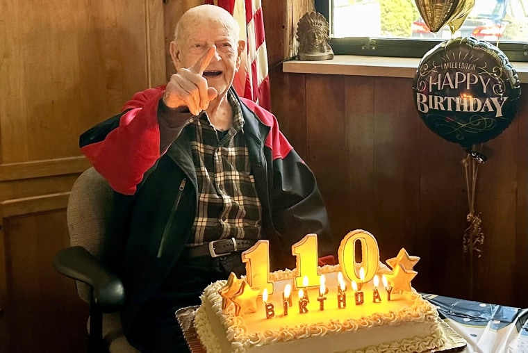 Vincent Dransfield celebrates his 110th birthday on March 28, 2024, at Singac Volunteer Fire Company #3 in Little Falls, New Jersey, where he once served as chief.