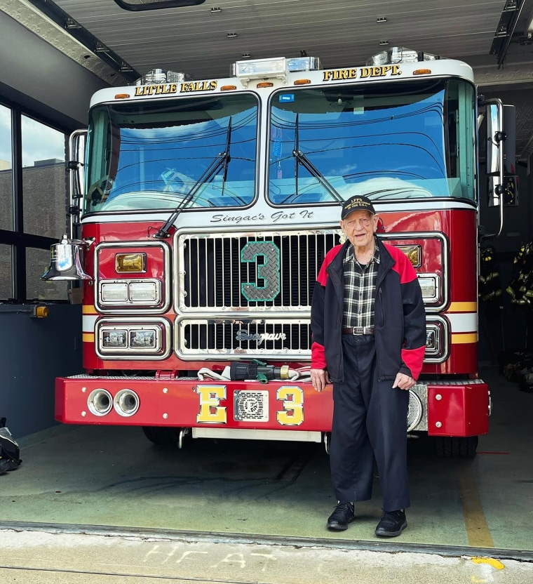 Dransfield says serving as a member of the local volunteer fire department brought him happiness. He celebrated his 110th birthday at the firehouse.