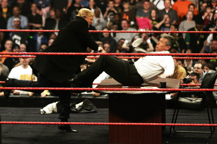 Vince McMahon gets more than he bargained for when Donald Trump got physical after signing the contract for Wrestlemania XXIII's \"Hair vs Hair\" match at Monday Night RAW in Washington on March 12, 2007.
