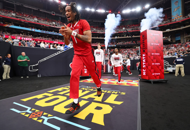Jayden Taylor #1 of the North Carolina State Wolfpack runs out into the stadium before the NCAA Men’s Basketball Tournament Final Four semifinal game against the Purdue Boilermakers at State Farm Stadium on April 6, 2024 in Glendale, Arizona. 