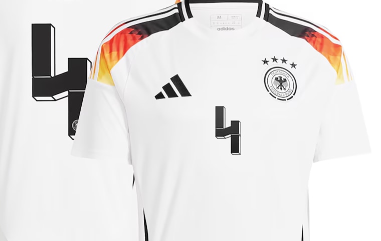An official German soccer jersey displaying No. 4 ahead of the UEFA Euro 2024 championship.