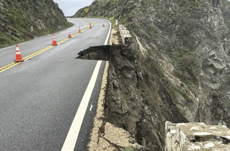 The Rocky Creek closure on California Highway 1 on March 31, 2024, in Monterey County, Calif., following heavy rain in the area. 