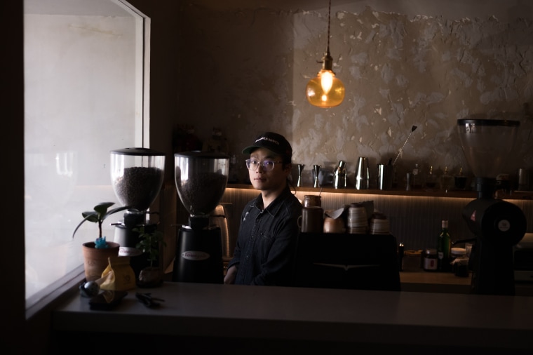 Barista Wang Binqi at a coffee shop in Beijing on March 6.