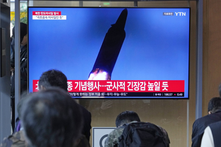 A news program airs a file image of a missile launch by North Korea at the Seoul Railway Station in South Korea, on Tuesday, April 2, 2024. 