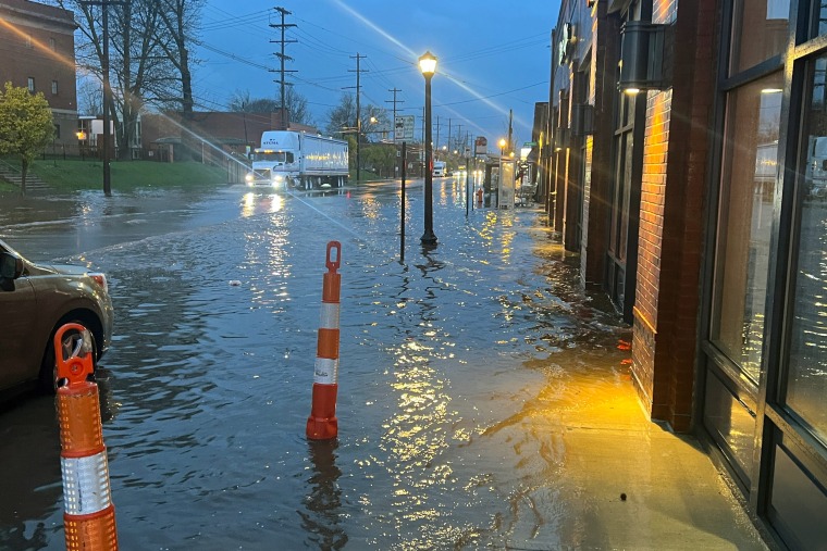 Heavy rain causes flooding near the area of North High St. in Columbus, Ohio, on April 2, 2024.