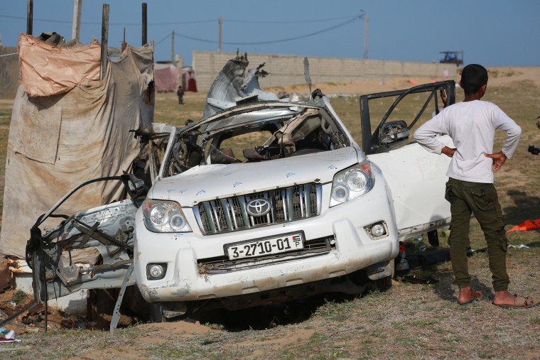 A car used by the World Central Kitchen that was hit by an Israeli strike the previous day in Deir al-Balah, Gaza, on April 2, 2024.