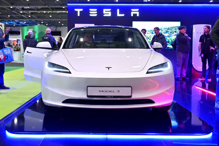  Tesla Model 3 fully electric EV car on display at the show.