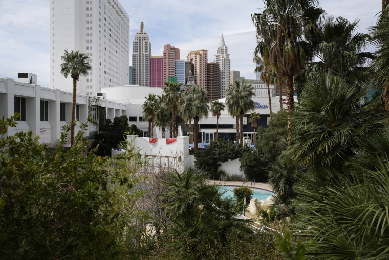 Plants grow around the shuttered pool area at the Tropicana hotel-casino, in Las Vegas