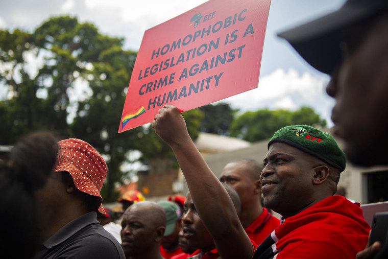 Members of the Economic Freedom Fighters picket against Uganda's anti-homosexuality bill.