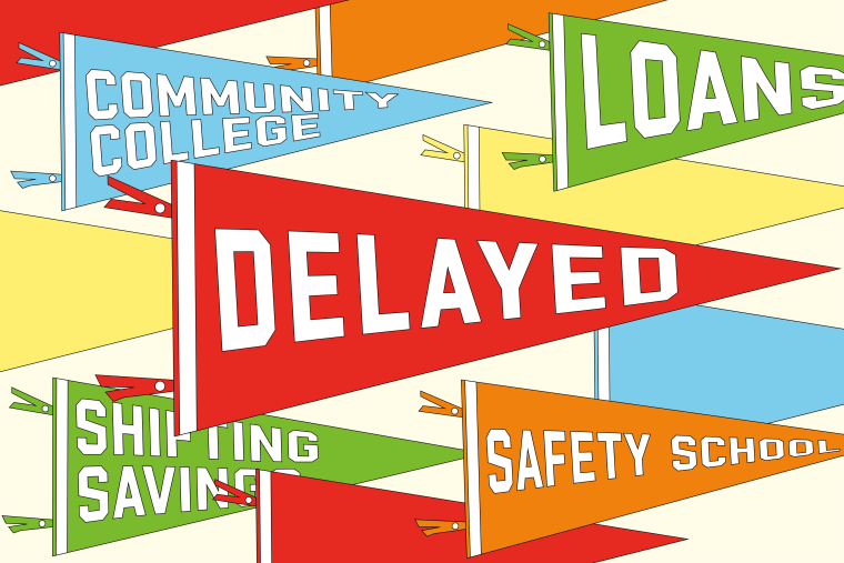 Photo Illustrations: Collegiate pennants that read "Delayed," "Community College," "Shifting Savings," "Safety School" and "Loans"