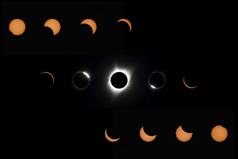 This composite image of thirteen photographs shows the progression of a total solar eclipse