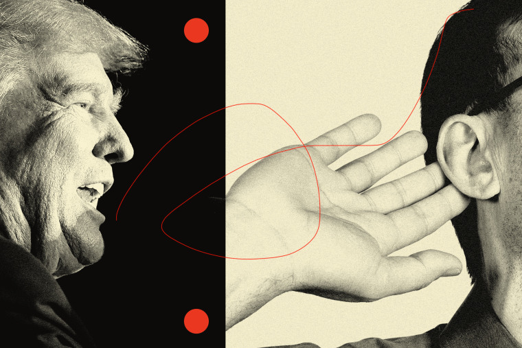 Photo collage of Trump and side profile of a person holding their ear 