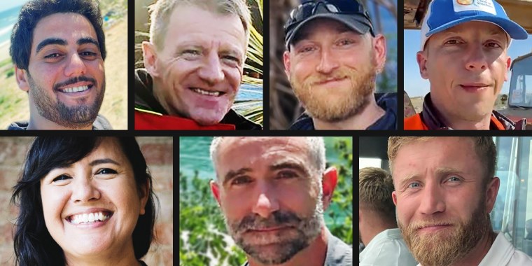 The seven World Central Kitchen aid workers killed in an Israeli airstrike, clockwise from top left, Palestinian Saifeddin Issam Ayad Abutaha,  John Chapman of Britain, Jacob Flickinger of the U.S. and Canada, Damian Soból of Poland,  James Henderson of Britain, James Kirby of Britain and  Lalzawmi “Zomi” Frankcom of Australia.