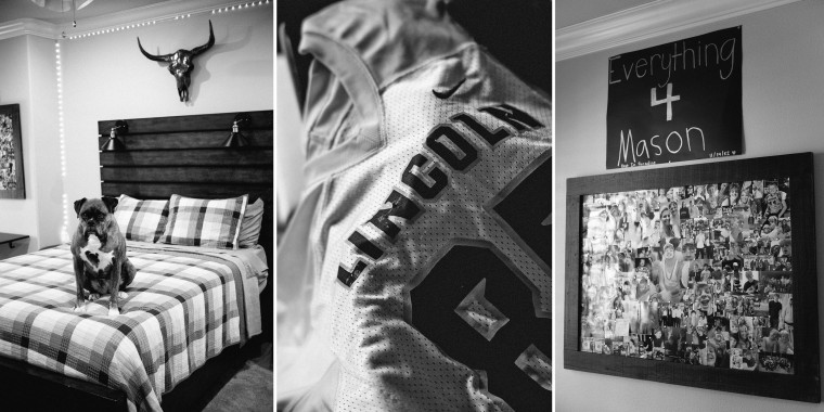 A triptych showing the family dog Rylee on Mason’s bed; a football that was among Mason’s favorite  items and a memory board in Mason’s room.