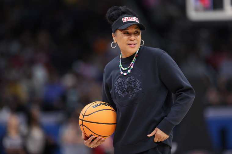 South Carolina Gamecocks head coach Dawn Staley during an open practice session ahead of the 2024 NCAA Women's National Championship at Rocket Mortgage Fieldhouse in Cleveland, Ohio, on April 6, 2024. 