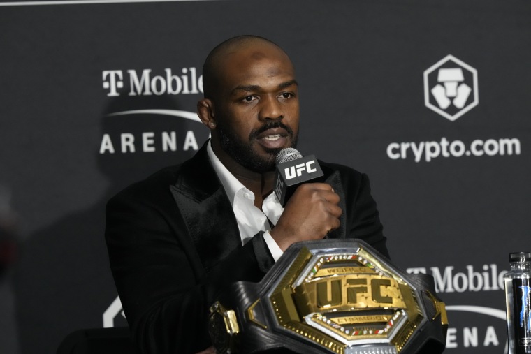 Jon Jones meets with the media following his win over Cyril Gane at UFC 285 on March 5, 2023