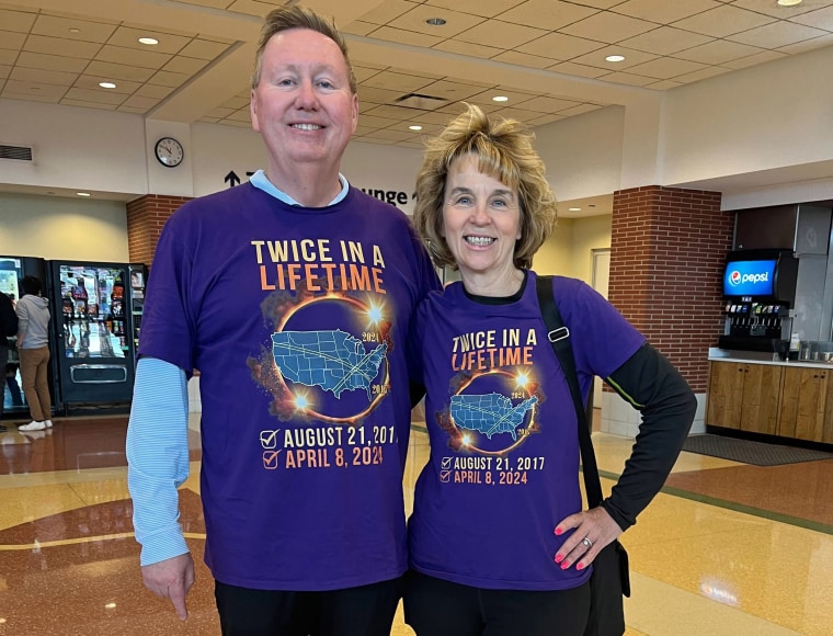 Joe Scott, 63, and Chris Scott, 62, of Fredericksburg, Va., were headed to see their second total solar eclipse and were sporting T-shirts touting the feat.