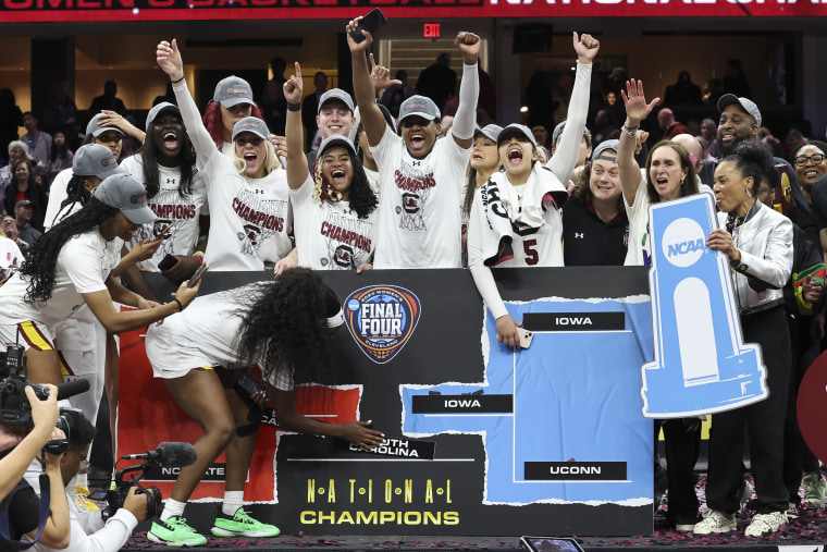 The South Carolina Gamecocks celebrate after defeating the Iowa Hawkeyes during the NCAA Women's Basketball Tournament National Championship in Cleveland