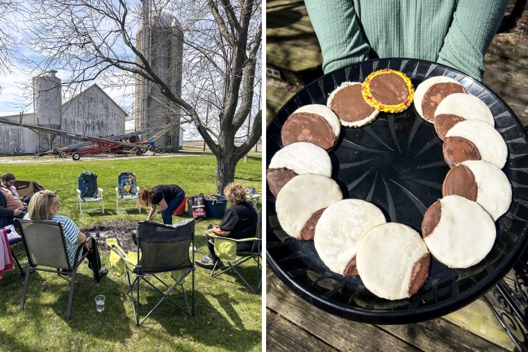 Locals gather in Monroeville, Ohio in anticipation of the eclipse featuring eclipse cookies from Momma Sabo's and chili made over a campfire on April 8, 2024.