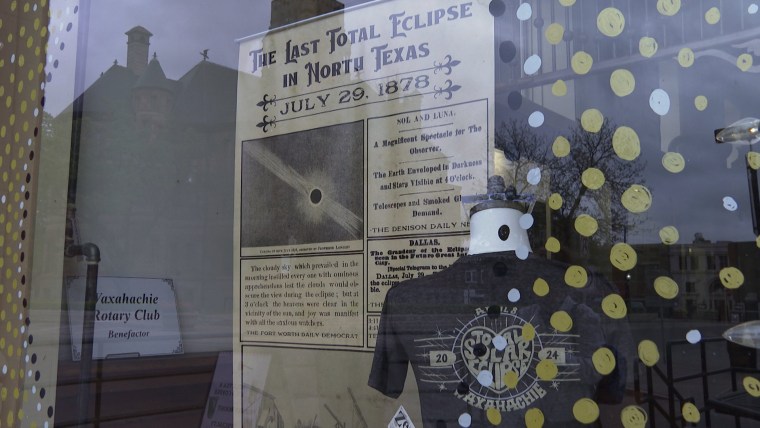 The Ellis County Museum displays newspaper article excerpts and headlines from the region’s last total solar eclipse in 1878 in Waxahachie, Texas on Saturday, April 6, 2024. 