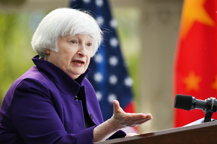 Janet Yellen speaks during a press conference 