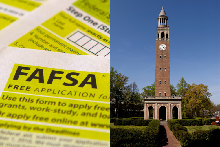 A side by side of a FAFSA application and the campus of UNC Chapel Hill