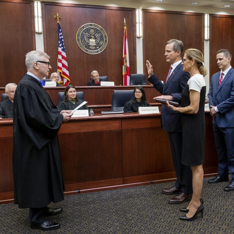 Lawrence Keefe takes the Oath of Office as the U.S. Attorney for the Northern District of Florida from Mark Walker, left, Chief United States District Judge on April 12, 2019 in Tallahassee, Fla.