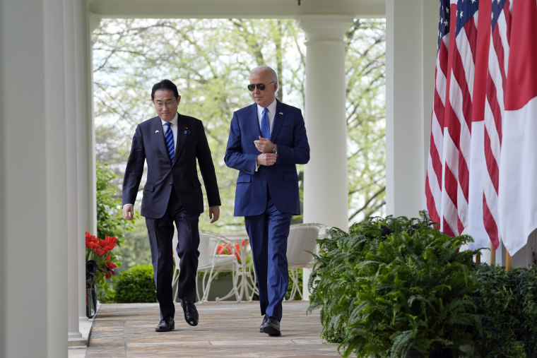 President Joe Biden and Japanese Prime Minister Fumio Kishida walk from the Oval Office to a news conference Wednesday, April 10, 2024.